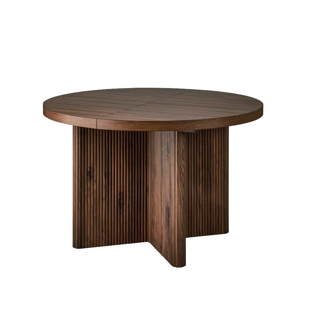 Lillian Fluted Round Expandable Dining Table, Easy to assemble,Walnut Finish