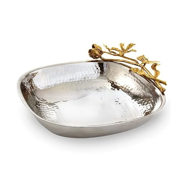 Metal square bowl with Golden branch handles