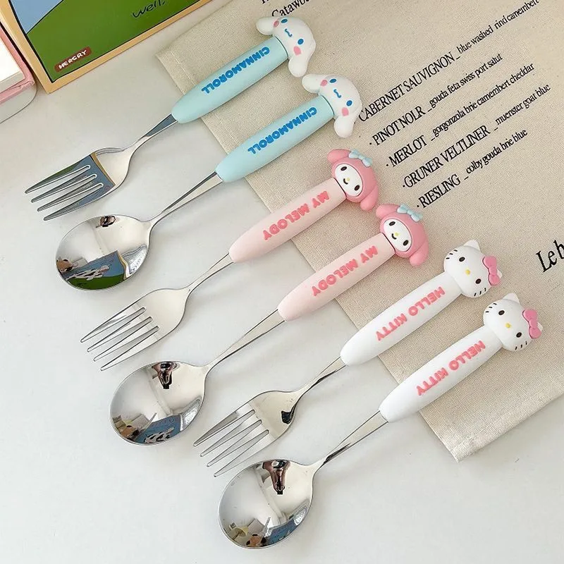 2pcs Sanrio Hello Kitty Stainless Steel Spoon Forks Cinnamoroll Melody Portable Utensils Feeding Tableware Set Girls Kids Gift
