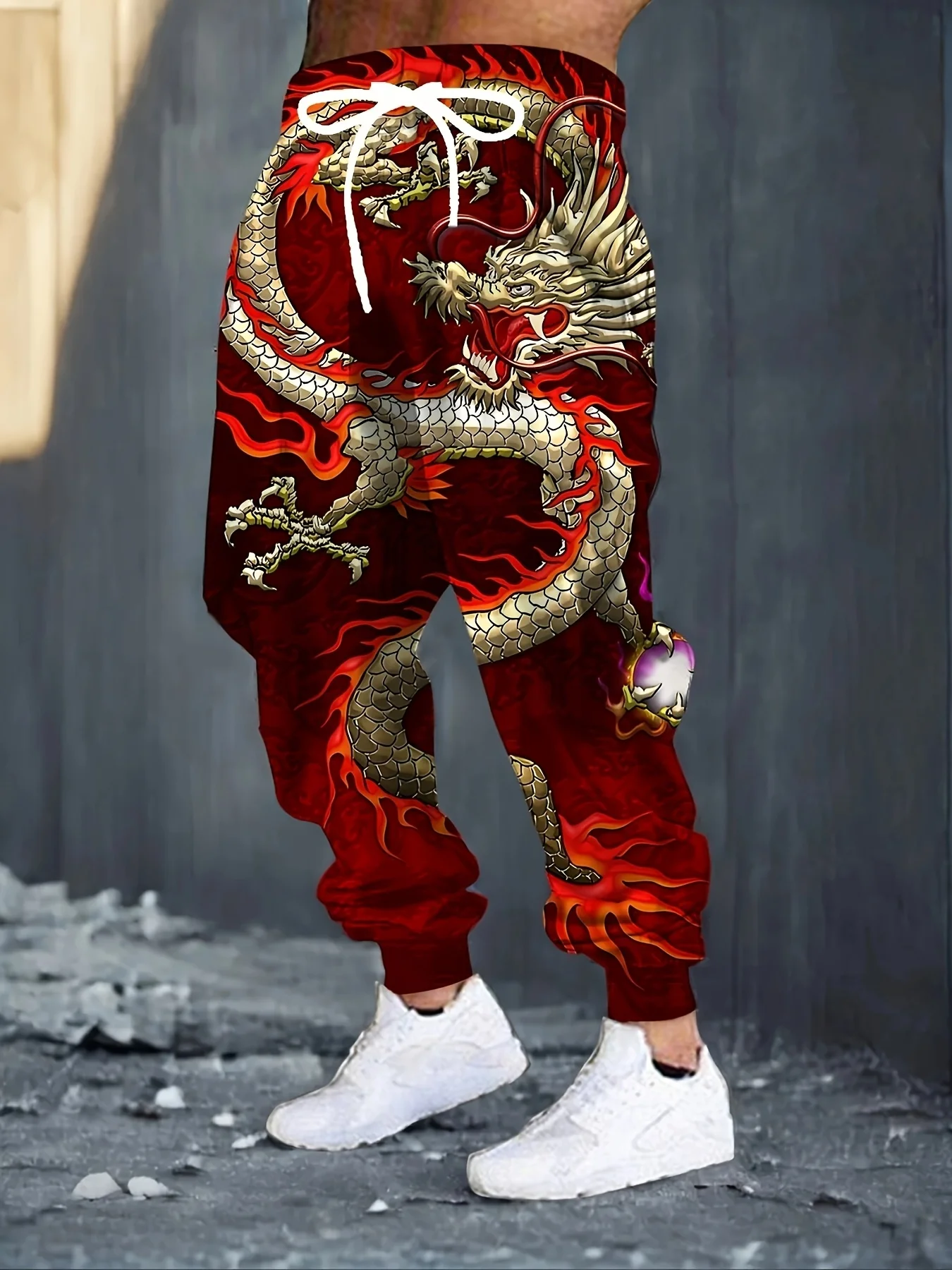 Street Fashion In Chinese - กางเกงกีฬาผู้ชายลายมังกรจีนแบบสามมิติ รุ่นใหม่ปี 2026, กางเกงกีฬาแบบลำลองพร้อมเข็มขัดรัดเอว, แฟชั่นสตรีทแวร์