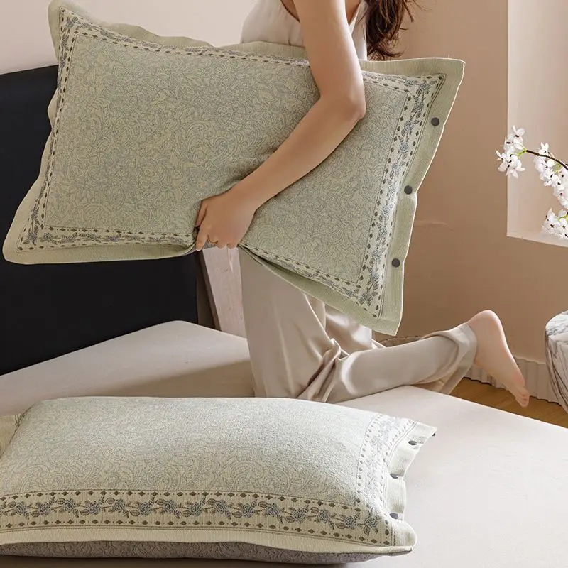 2 Pack Vintage Floral Jacquard Pillow Covers Soft Breathable Cotton Linen Blend Button Closure Decorative Pillowcases For