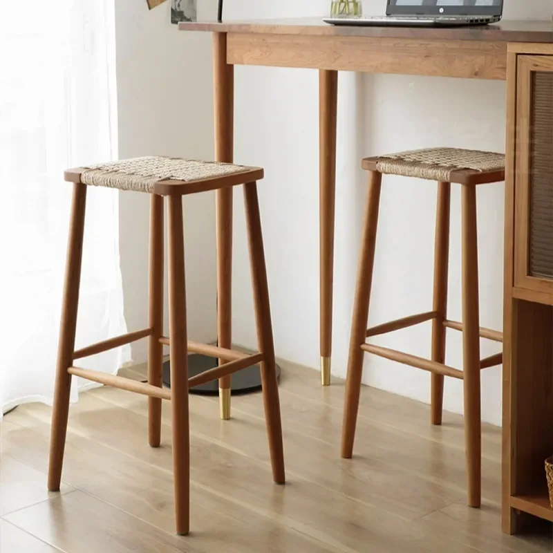 Retro Midcentury Fashion Bar Stools Rattan Woven Ancient Sturdy Bar Chair Patio Comfortable Restaurante Muebles Home Furniture