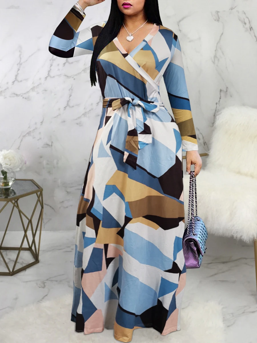 

LW Geometric Print Color Block Knotted Elegant Dresses Spring Autumn Long Sleeve V-Neck Office Lady Lace Up Maxi Dress