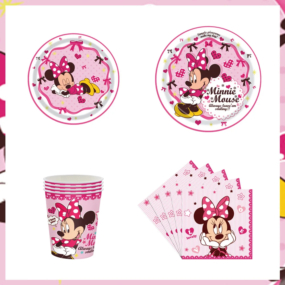 

New Disney Minnie Mouse Party Supplies Minnie Theme Banner Cup Plates Napkins For Kids Baby Shower Birthday Party Decoration