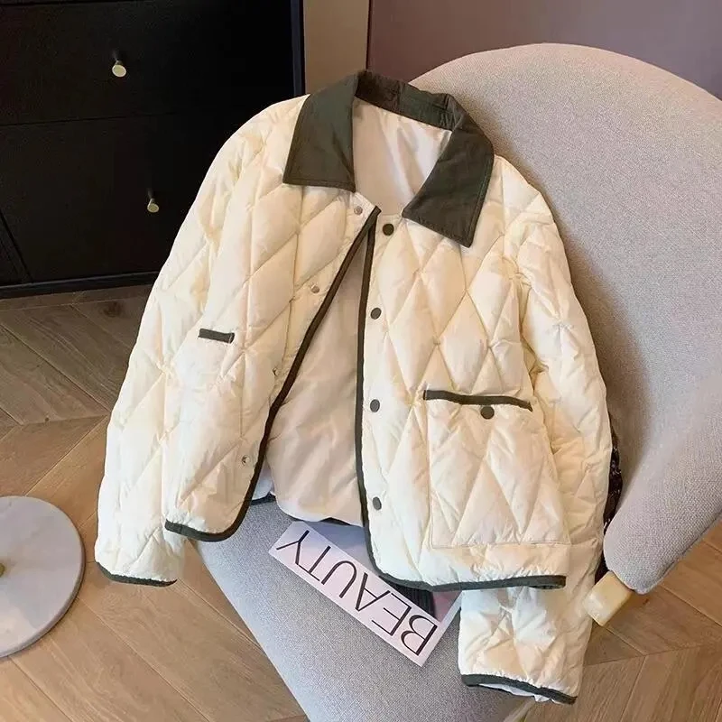 Korean Contrast Lapel Cotton Coat Women Autumn Winter Short Cotton Padded Jacket 2025 New Women Loose Quilted Coat Women Outwear