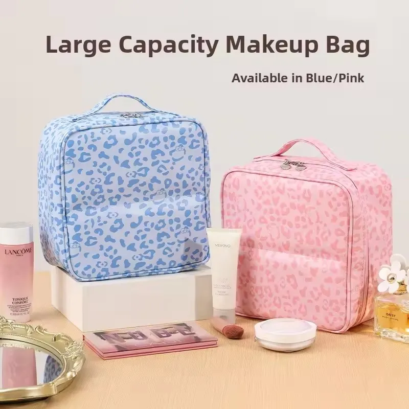 Standing Leopard Print Makeup Bag Large Capacity Partition Design PU Waterproof Hanging Travel Handheld Storage Bag for Women