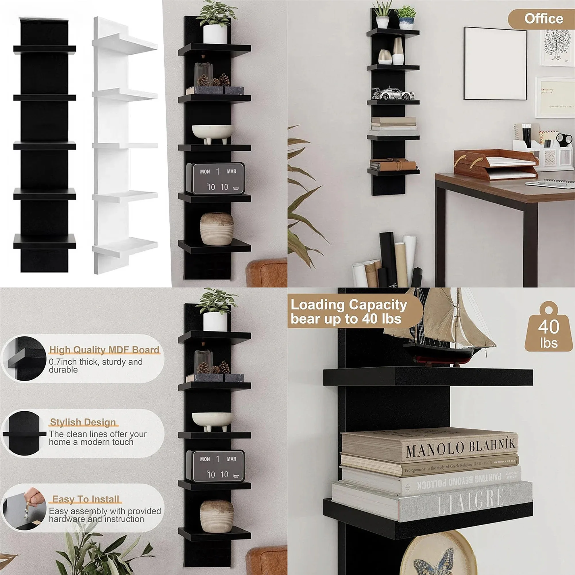 5 Tier Wal/l-Mounted Bookshelf PVC Floating Storage Rack Smooth-Pressboard Vertical Display Shelf for Living Room Bedroom Decor