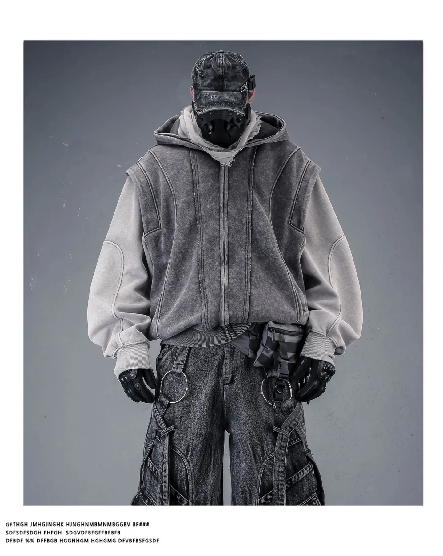 Washed Distressed Fake Two Piece Patchwork Punk Vintage Hoodies Man Techwear Gothic Zip Up Hoodie Street Wear