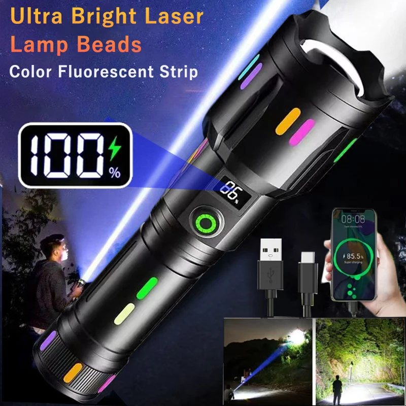 

High Power Spotlight Long Range LED Flashligh With Color Fluorescent Lantern Lamp USB Rechargeable Strong Light Tactical Torch