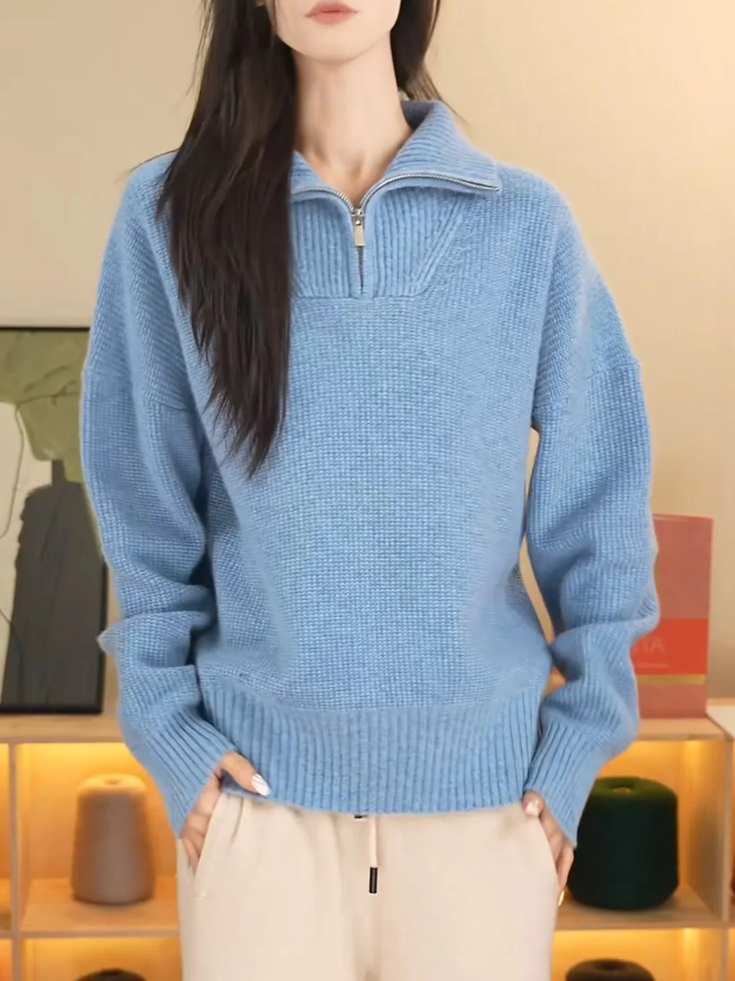 

Повседневный синий вязаный свитер на молнии для женщин, с отложным воротником, универсальный, больших размеров, в корейском стиле, осенне-зимний