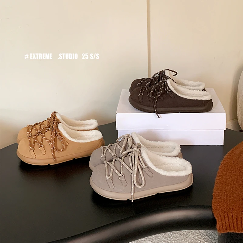 

winter warm Mules Women Shoes Flat platform Round Toe Slippers cross strap Shallow Slip On Slides casual loafer Zapatos De Mujer