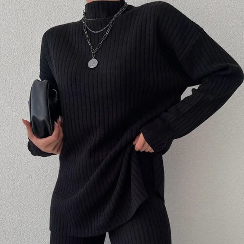 Solid Color Knitted Two-piece Set, Casual Semi-high-neck Long Sleeve Top+High-waisted, Wide-legged Pants Women Autumn and Winter