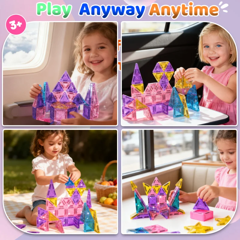 Mini carreaux magnétiques 45 pièces, ensemble de carreaux magnétiques de voyage portables avec étui en fer, jouet créatif STEM Montessori pour cadeaux d'anniversaire pour filles