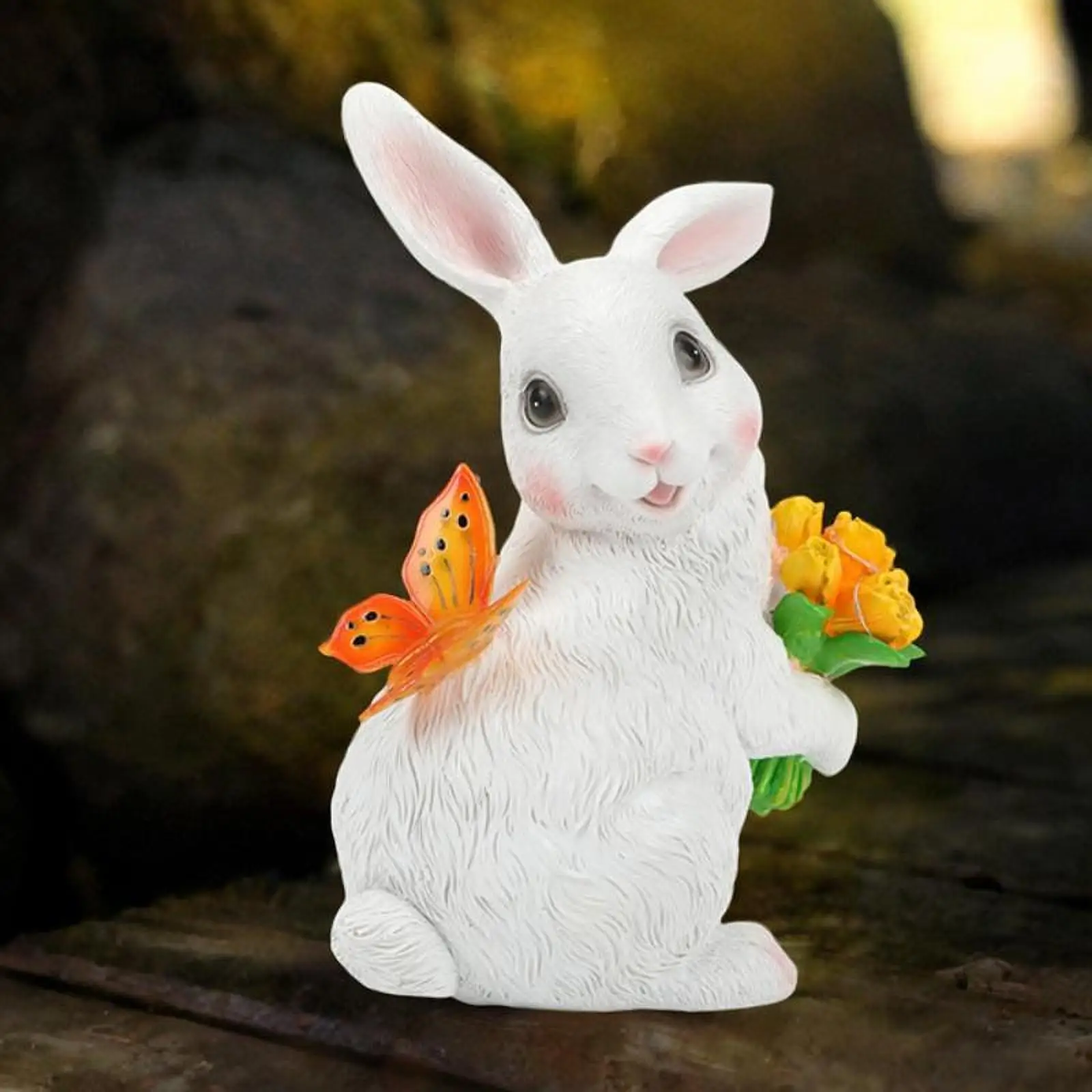Rabbit Staue with Butterfly and Tulip Yard Art Ornament Solar Powered Landscape Lamp for Backyard Spring Outdoor Pathway Fence