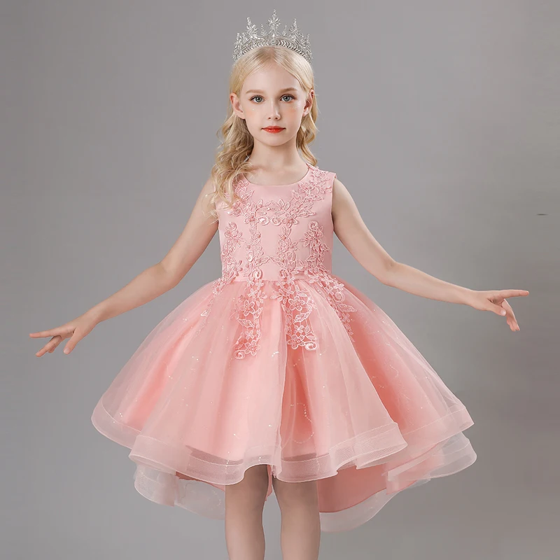 TW683 Girls Sleeveless Mesh Dress Elegant Kids Birthday Party Dress Up For Children Tailing Gowns