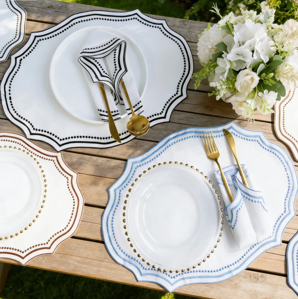 1/6/10PCS Cotton Placemats Wavy Edges Embroidered Lace Napkin Washable and Reusable Tablecloth for Party & Home Individual Table