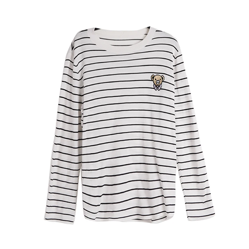 OLrain Women's 2026 Spring Striped Knit Pullover Top Cute Bear Embroidered Crew Neck Long Sleeve Casual Soft Sweater N56QZ01099