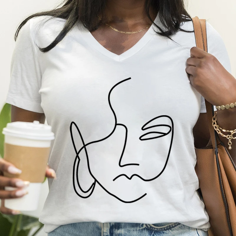 

Funny Abstract Face Print Tee Shirts For Women Summer V-Neck Tee Shirt Fashion Casual Graphic Print Tee Shirts