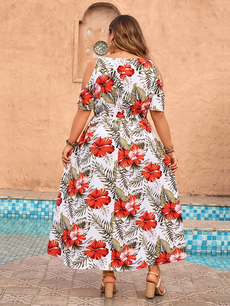 Gibsie Plus Size Koude Schouder V-Hals Met Bloemenprint A-Lijn Jurk 2024 Vrouwen Zomervakantie Strand Uitgehold Boho Lange Jurken