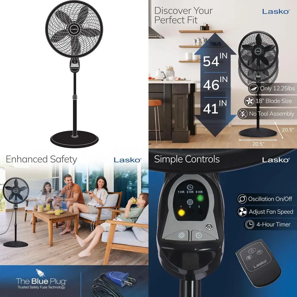 

18-дюймовый черный осциллирующий напольный вентилятор с регулируемой высотой, 3 скоростями, таймером и пультом дистанционного управления для дома и офиса