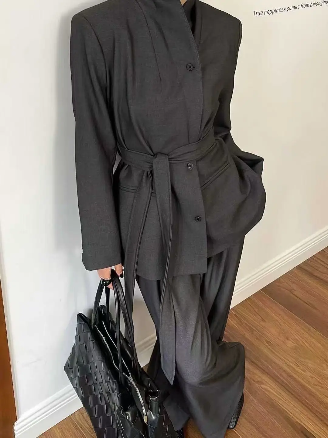 BJTZ الدانتيل متابعة التعادل الخصر سترة مجموعة للمرأة 2025 الخريف جديد واحدة الصدر معطف و عالية الخصر بنطال ذو قصة أرجل واسعة قطعتين مجموعة