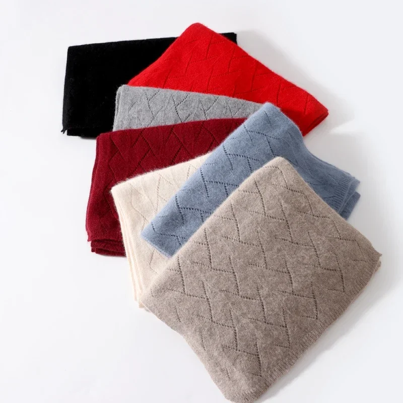 Lenço de caxemira de malha longa para mulheres 100% lã pura, envoltório minimalista, hijabs quentes, pashmina macia, aquecedor de pescoço, xale