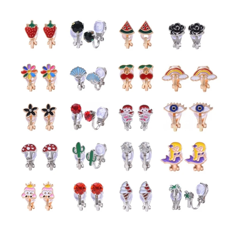 20Pairs Clip-on Earrings Rainbow Girls Flowers Fruit Earrings Ladies Mixed Color Non-perforated Earrings Set D5QB