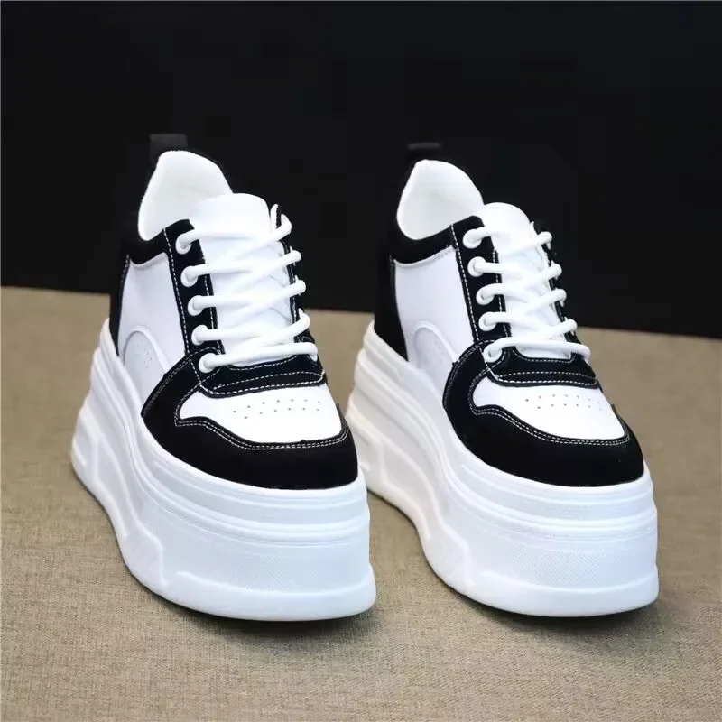 

New 2024 Autumn Women High Platform Shoes 8CM Comfortable Chunky Sneakers Breathable Leather Wedges Casual Sport Dad Shoes Woman