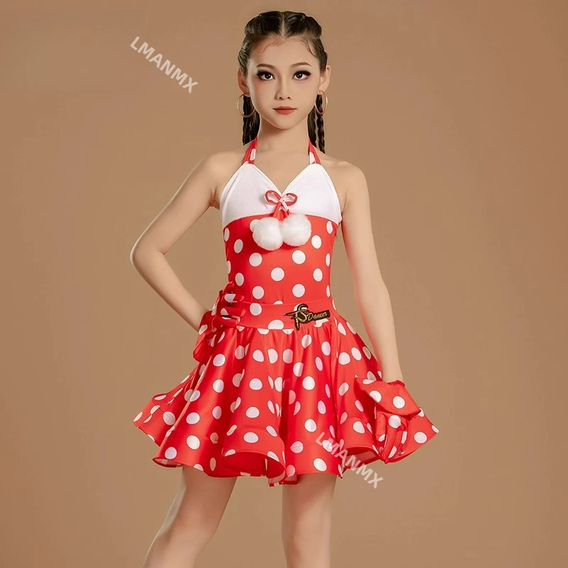 مهارات تدريب الرقص اللاتيني للأطفال، ملابس مهرجان المنافسة، مجموعة كبيرة منقطة مموجة باللونين الأحمر والأبيض #3