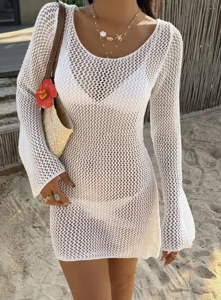 

Summer New Sexy Beach Vacation Style Round Neck Knitted Hollow Perspective Design Backless Lace Up Long Sleeved Hooded Dress