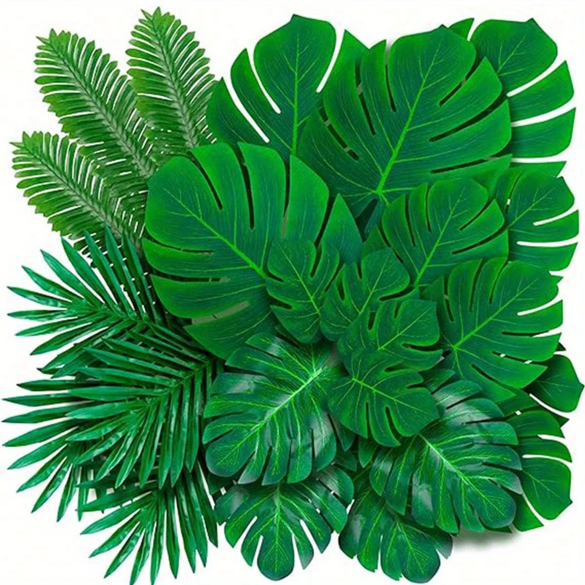 Paquete de 21-30 hojas de palma artificiales, 5-8 tipos de hojas de palma falsas verdes grandes y pequeñas con tallos para Safari, jungla, Luau hawaiano