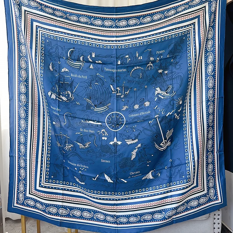 

Blue Silk Scarf 100% Silk Square Large Bandanas Hand Rolled Shawls Foulard Luxury Head Hair Designer Accessories
