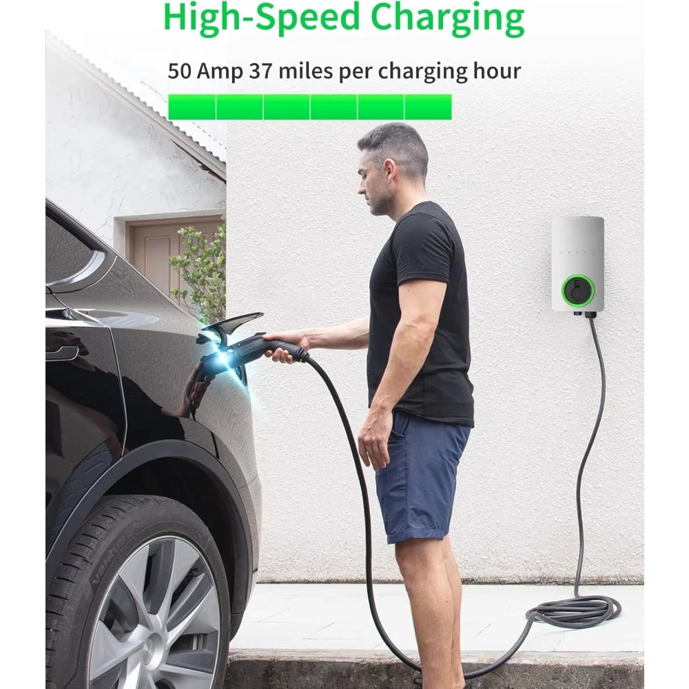 Level 2 EV Charger up to 50Amp, 240V, Indoor/Outdoor Car Charging Station, Flexible 25-Foot Cable,Hardwired, Silver