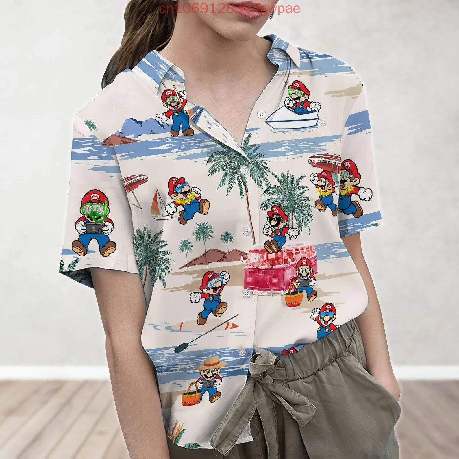 

Super Mario Women's Short Sleeve Hawaiian Shirt Summer Fashion Sexy Beach Shirt Princess Peach Casual Sun Protection Shirt
