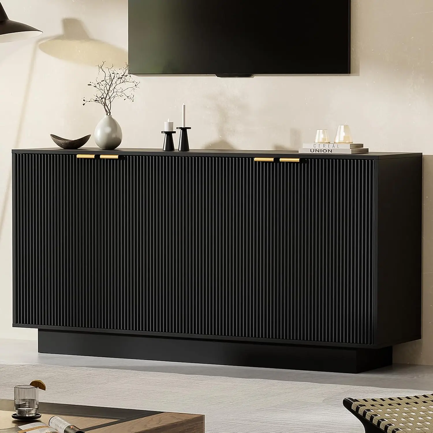 63" Fluted Sideboard Buffet with 4 Doors, Adjustable Shelf for Living Room | Large Modern Credenza, Console Tables, Customized