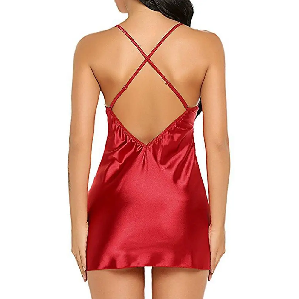 Nova lingerie feminina sexy com decote em v renda cor sólida sleepwear vestido respirável voltar cruz sling camisola roupa interior feminino lésbica