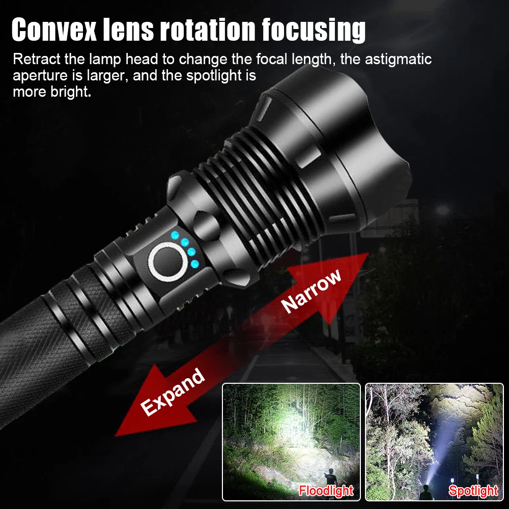 Tactical Powerful Flashlight P70 30W Camping Hand Lamp USB Rechargeable Lantern Zoom Long Shot Torch 2*26650 Battery Flash Light