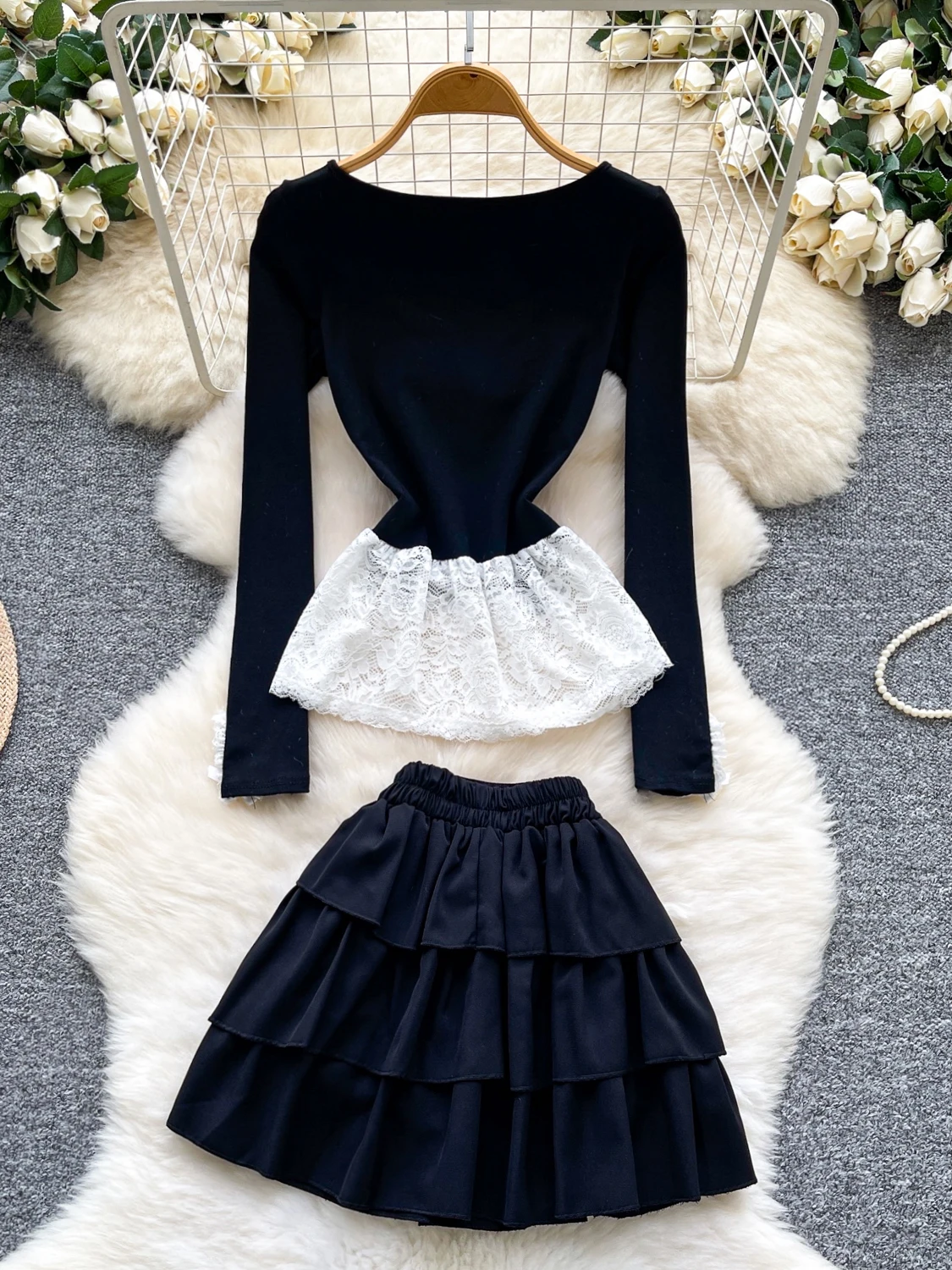 

Длинная юбка Sweet And Spicy для девочек с кружевной вставкой и высокой талией, комплект женской осенней одежды Faion Design Sense