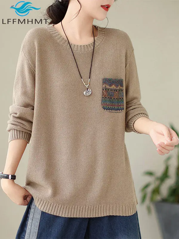 Women's Spring Autumn Loose O-Neck Sweater, Chest Patch Casual Pullover, Cotton Long Sleeve Knitwear Tops