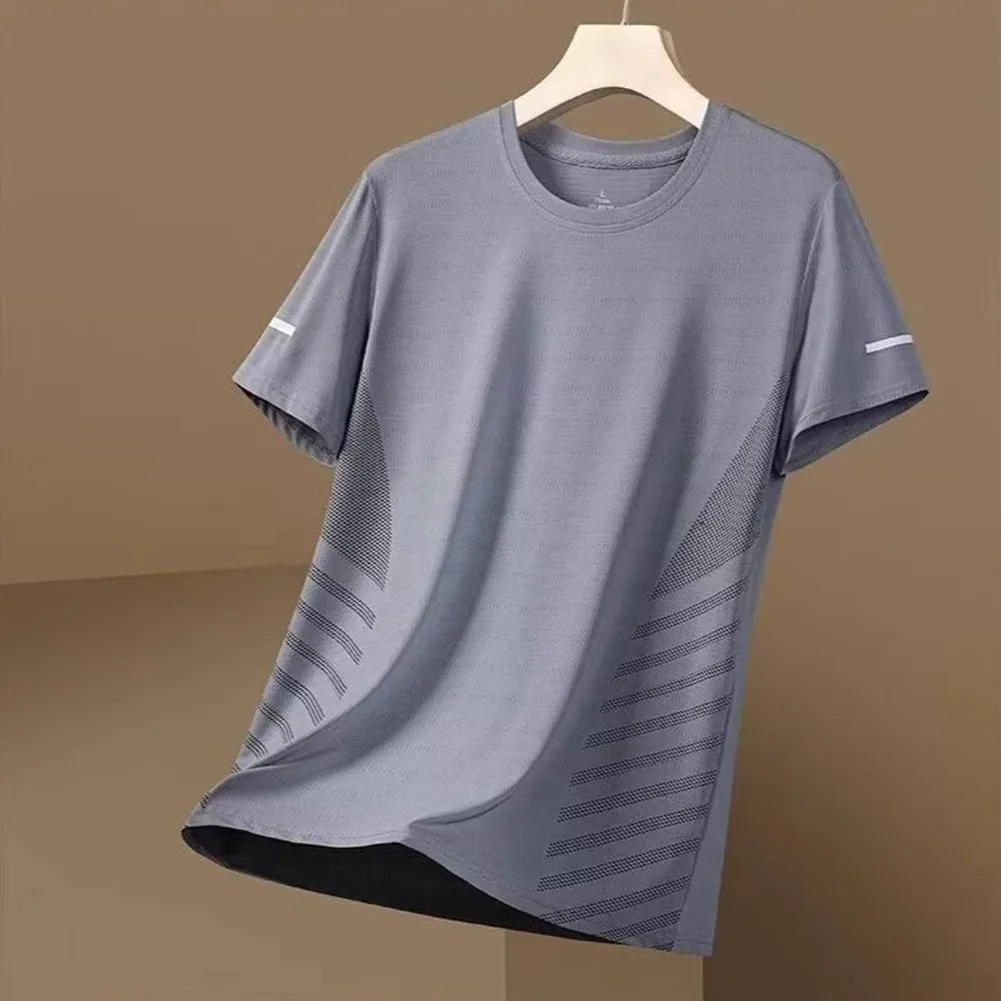 Mens Ice Silk Quick Drying T Shirt Short Sleeve Loose Round Neck Stripe Casual Sports Thin Top For Daily Commuting Summer Wear