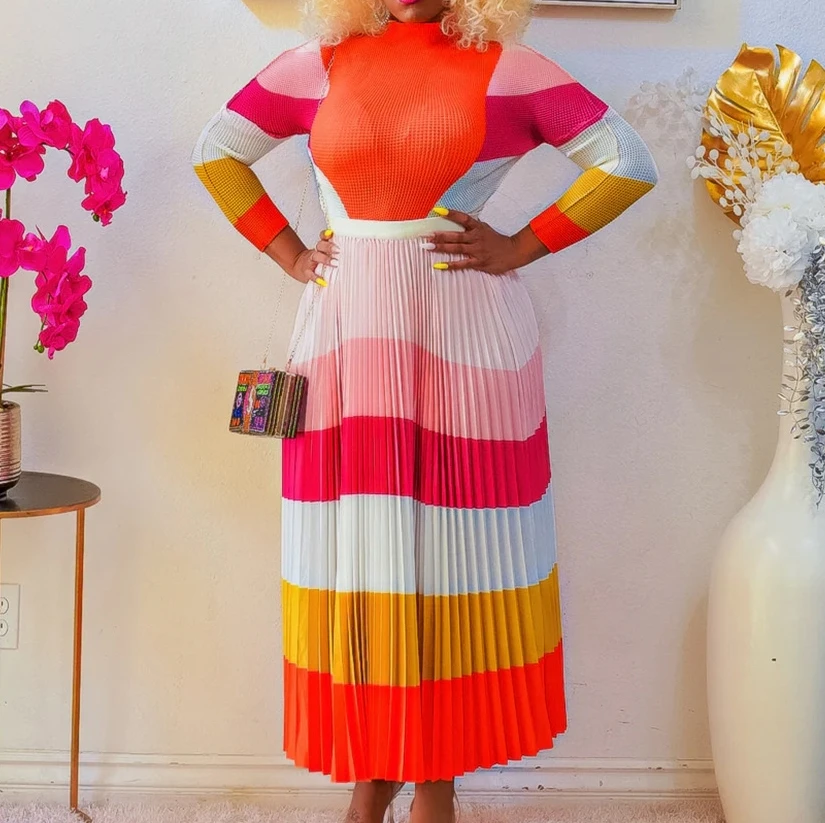 Women's Fashion Printed Long Sleeve Top & High Waist Pleated Skirt Set Temperament Commuting Female Elegant A-Line Skirts Sets