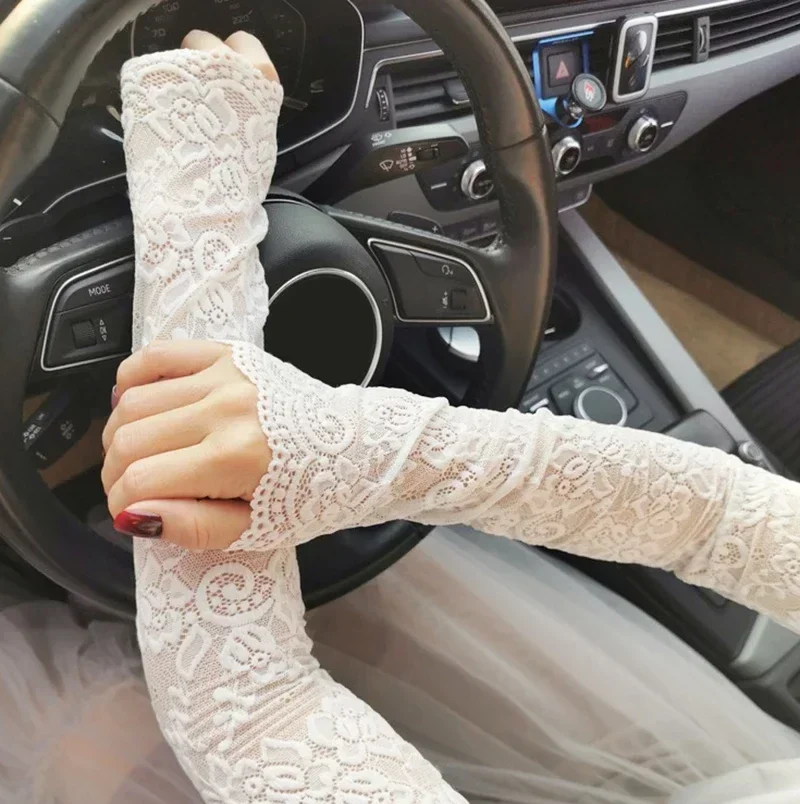 المرأة مثير جوفاء الدانتيل الزهور أكمام أذرع تبريد الشمس حماية أصابع قفازات طويلة للنساء الفتيات الصيف القيادة قفازات واقية من الشمس