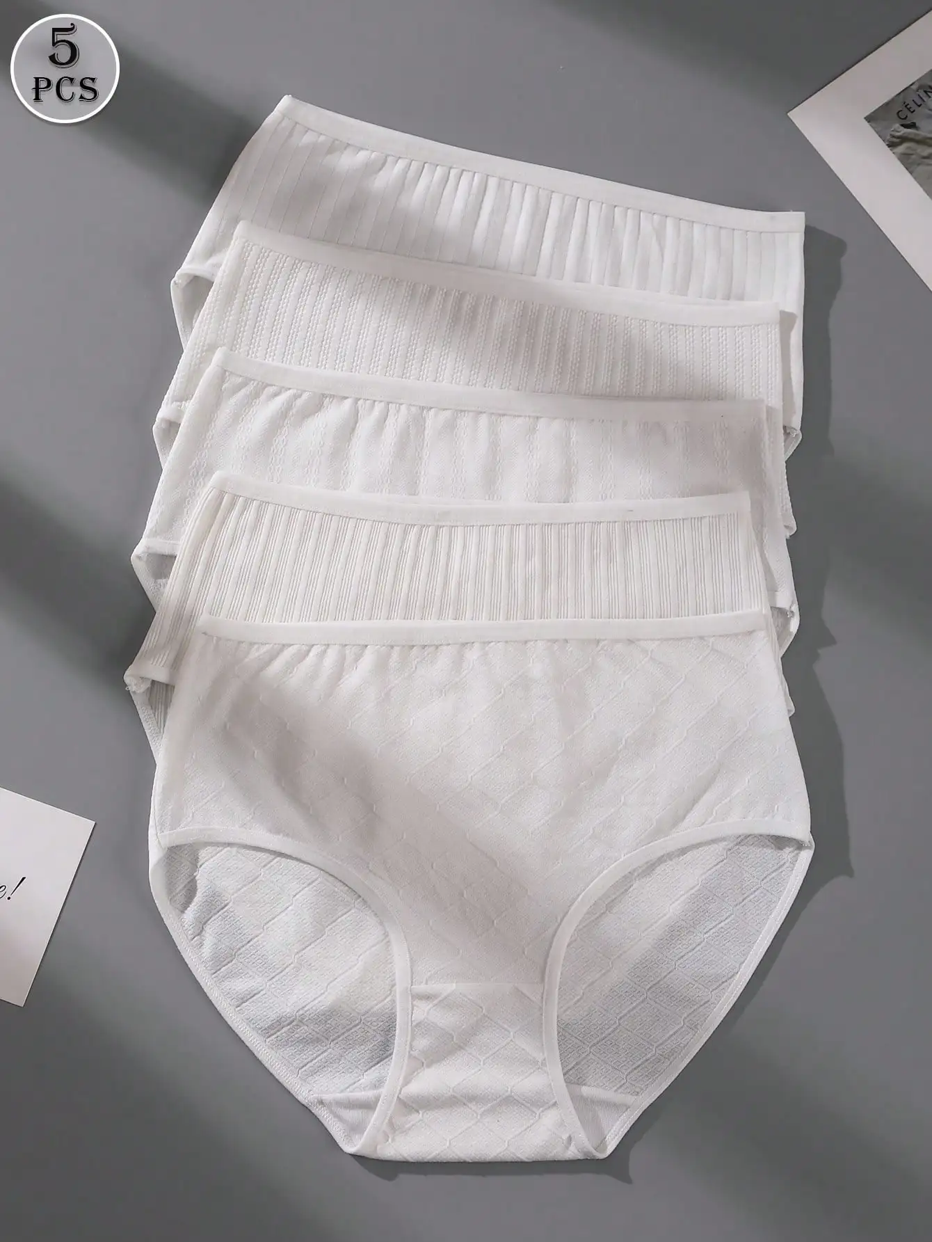 

5 PCS Women's Cotton Triangle Panties High Waist Tummy Control &Butt Lifter Stretch Birefs White Ribbed Comfortable And Breathable Sports Underwear