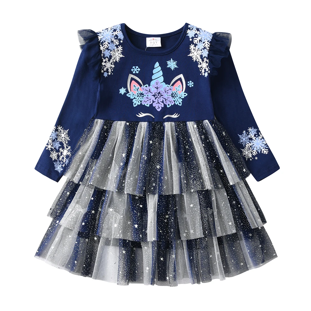 DXTON Children Christmas Dress 2024 Snowflake New Year Toddler Party Vestidos Winter Cartoon Long Sleeve Girls Princess Dresses