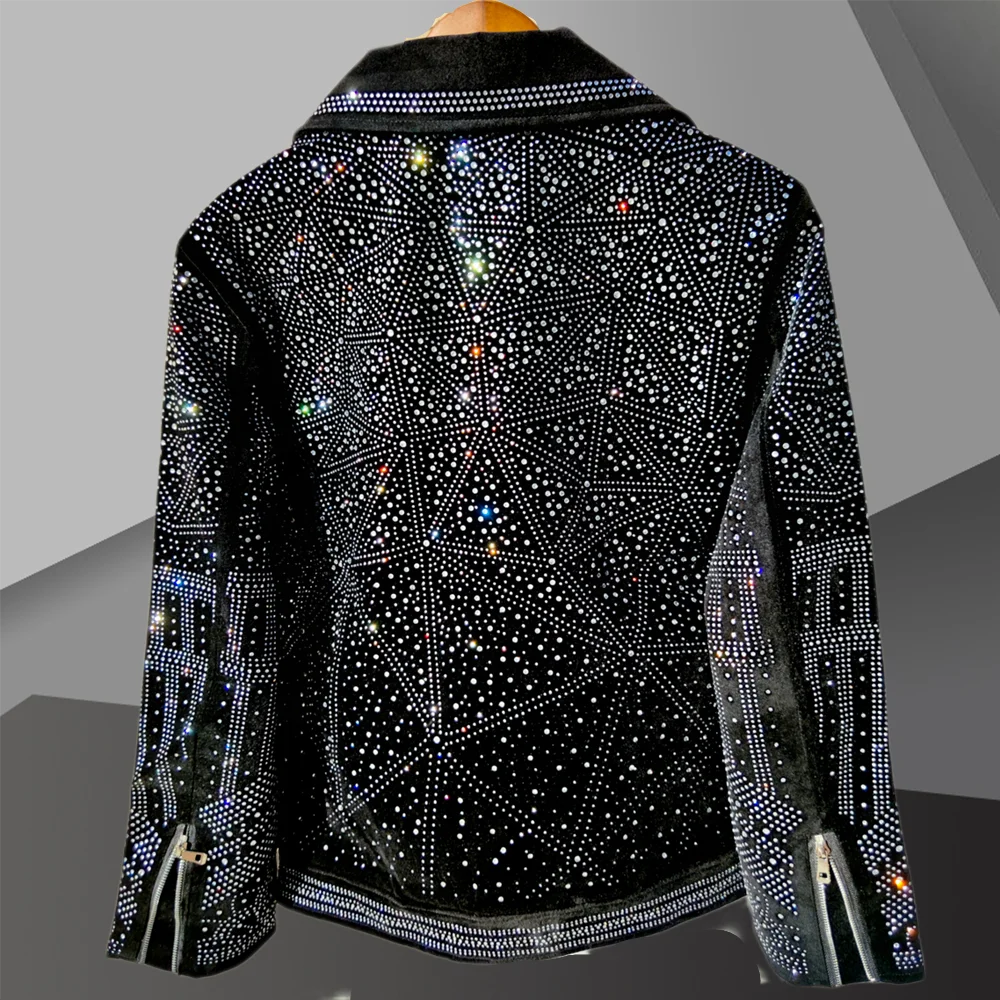 Black Rhinestones Jacket Men Jacket Coat Jaqueta Bomber Diamond 2024 New Top Quality Luxury Hot Drill Punk Club Outfit Jacket