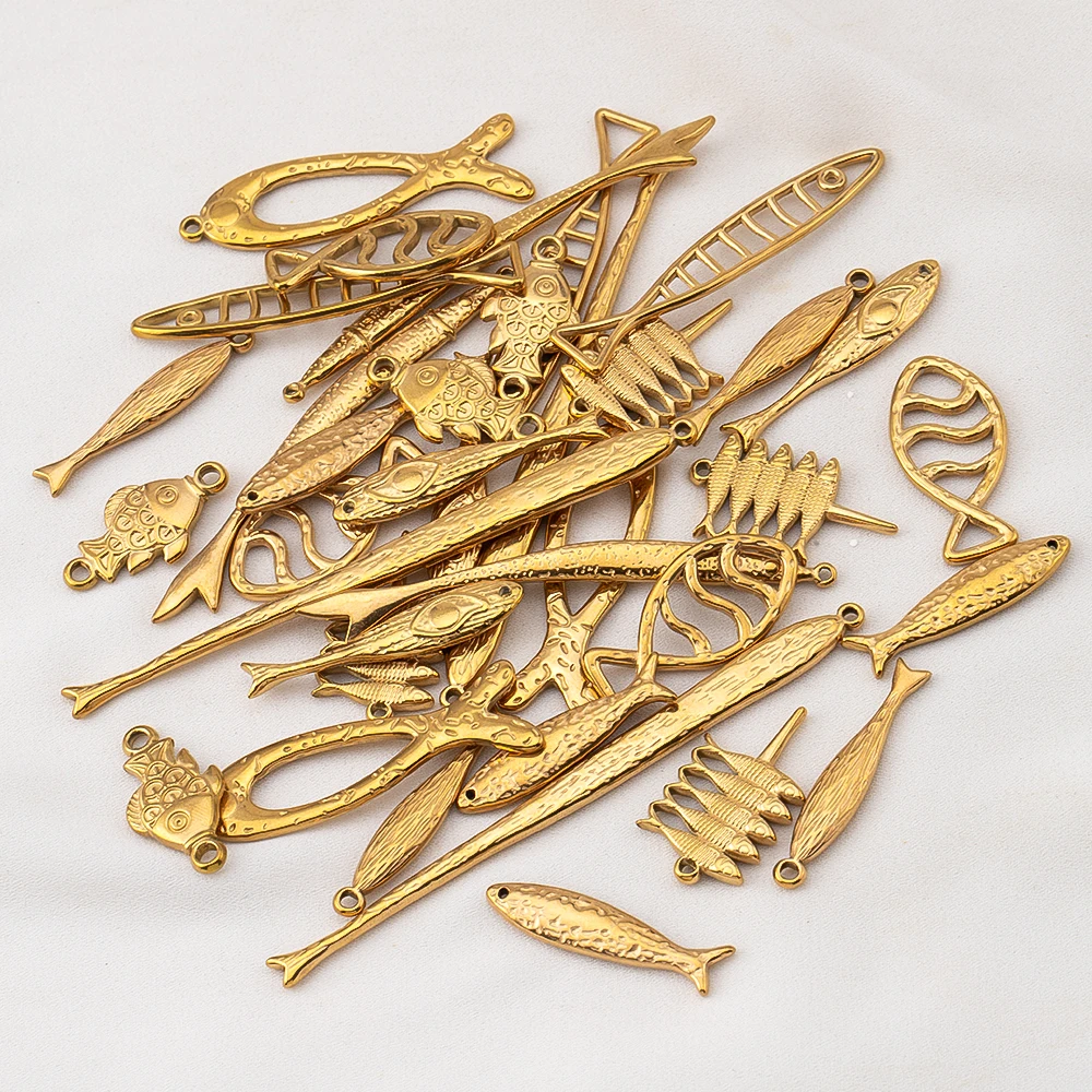 Stainless Steel 18K Plated Hammer Marks Multiple Fish Pendant Longfish Charm Jewelry DIY Earrings Necklaces Bracelet Component