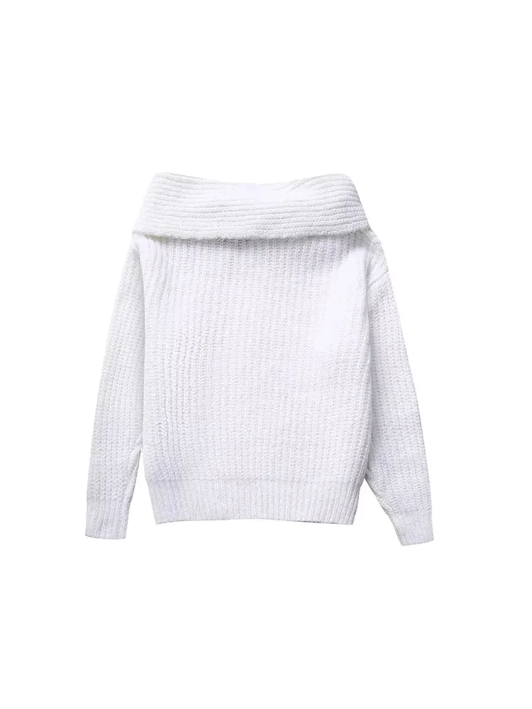 TRAF 2024 Spring Autumn Off Shoulder Sweater Women Asymmetric Knitted Sweaters Woman New Long Sleeve Knitwear Pullovers Top