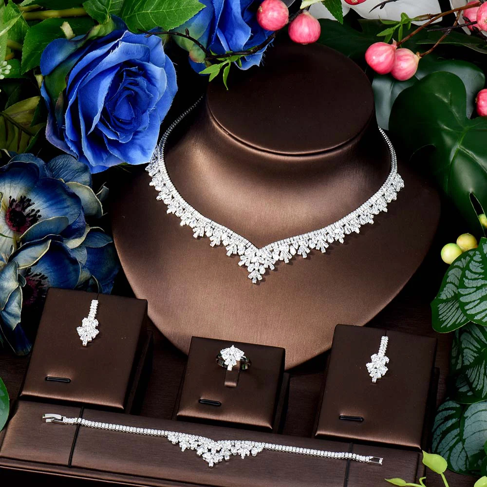 

HIBRIDE Elegant Women's Wedding Jewellery African CZ Crystal Leaf Drop Bridal Necklace Bracelet Earrings Jewellery Set S-400