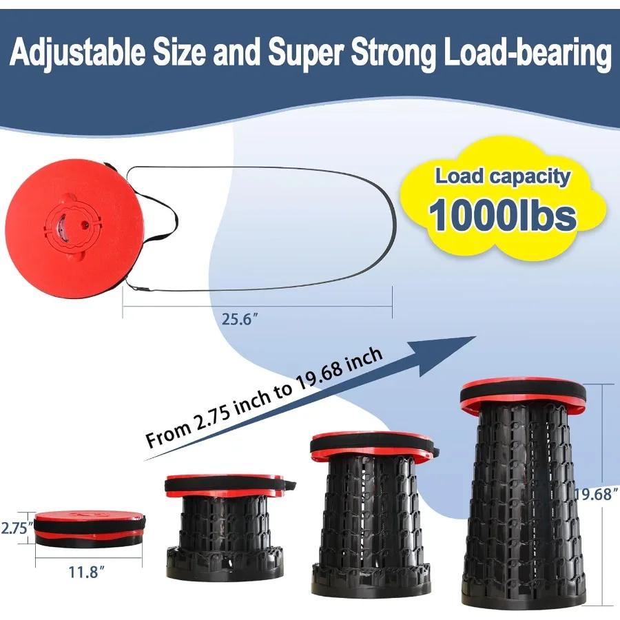 2025 Upgraded XXL 19.7 Collapsible Stool with Cushion 1000lbs Max Weight Heavy Duty Portable Telescoping Stool Retractable Seat
