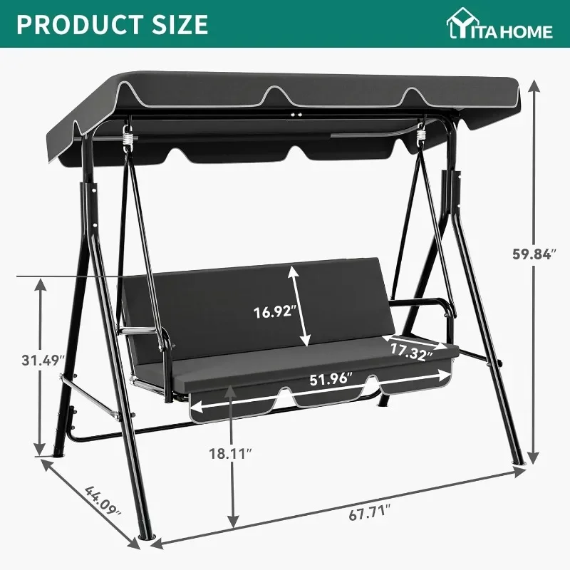 3-Seat Porch Swing Outdoor Heavy Duty Patio Swing Chair with Stand Adjustable Canopy Soft Cushion for Garden, Patio, Lawn